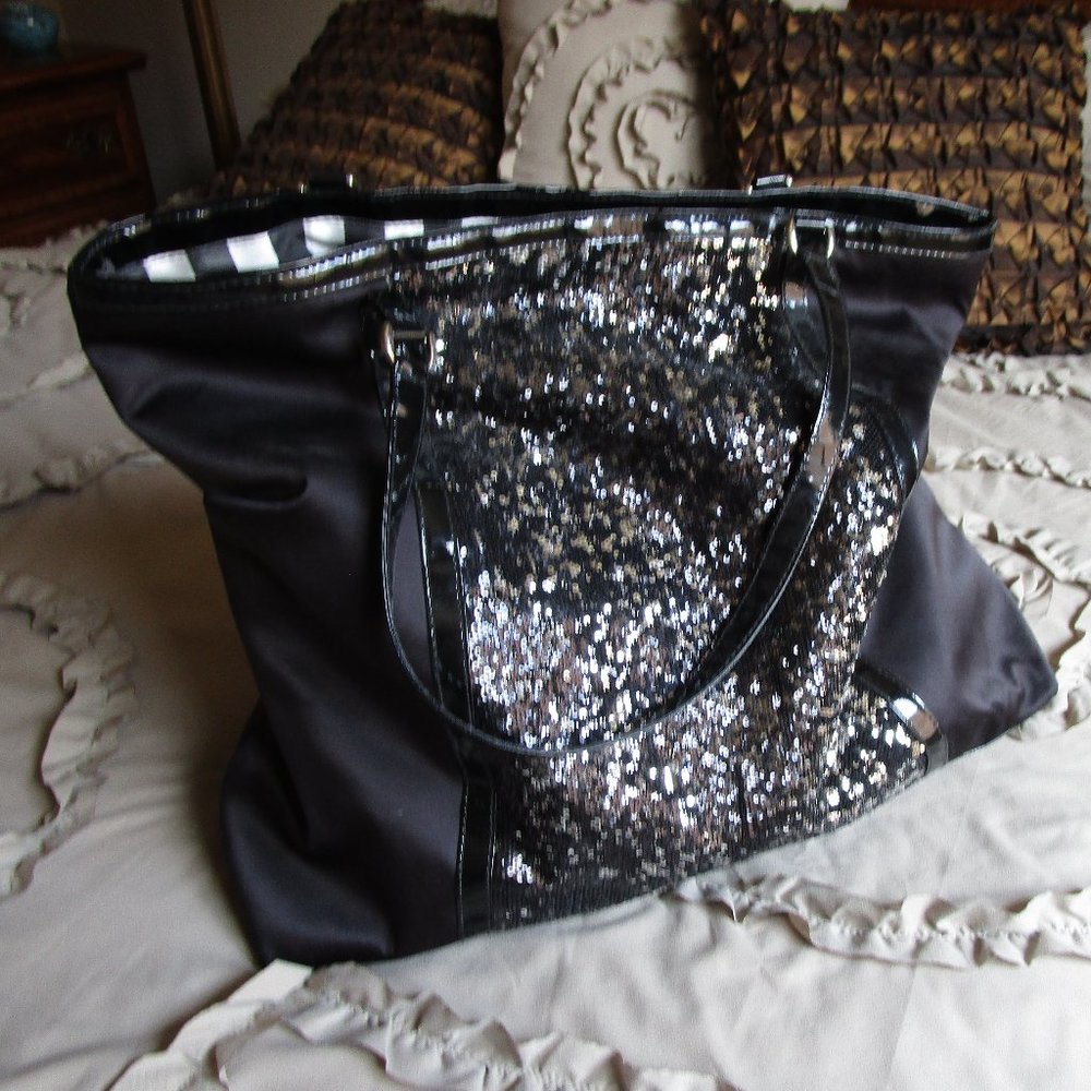DSW satin sequin patent leatherette large tote carryall